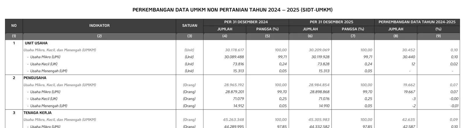 Tabel resmi SIDT-UMKM menampilkan jumlah unit usaha mikro, kecil, dan menengah non pertanian di Indonesia sebesar 30.178.617 unit pada 2024
